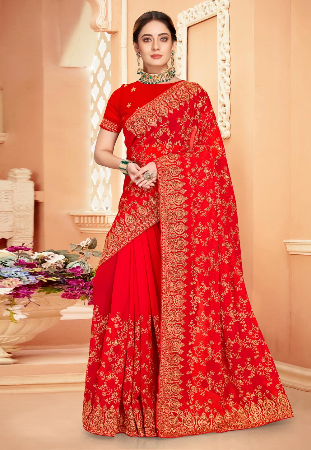 Red Georgette Saree With Blouse 252073