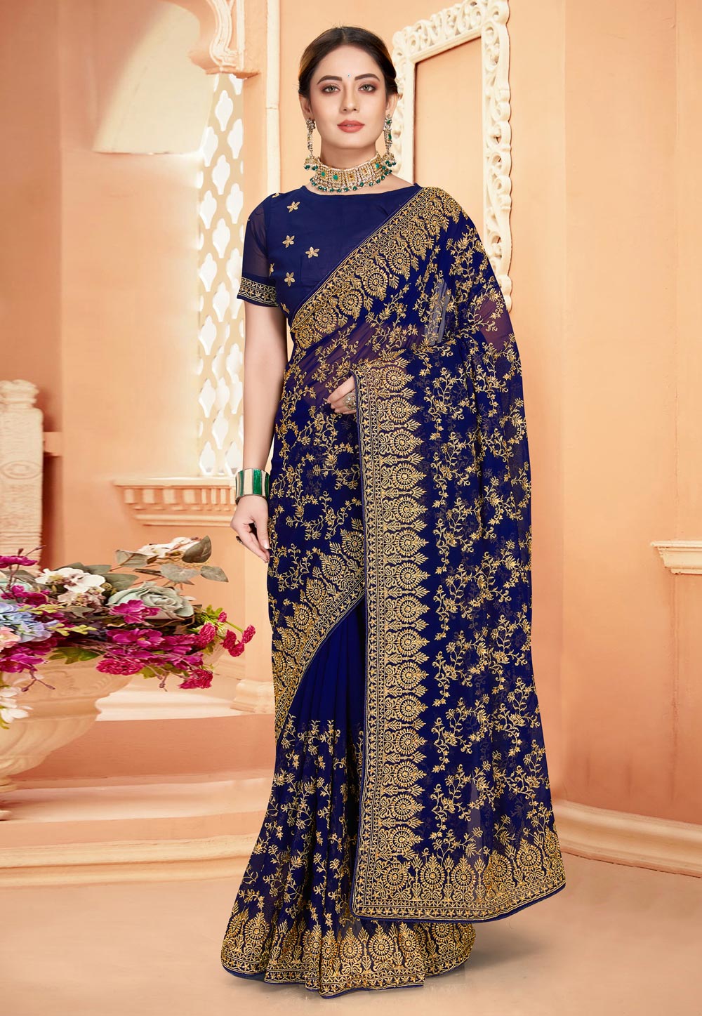 Navy Blue Georgette Saree With Blouse 252074