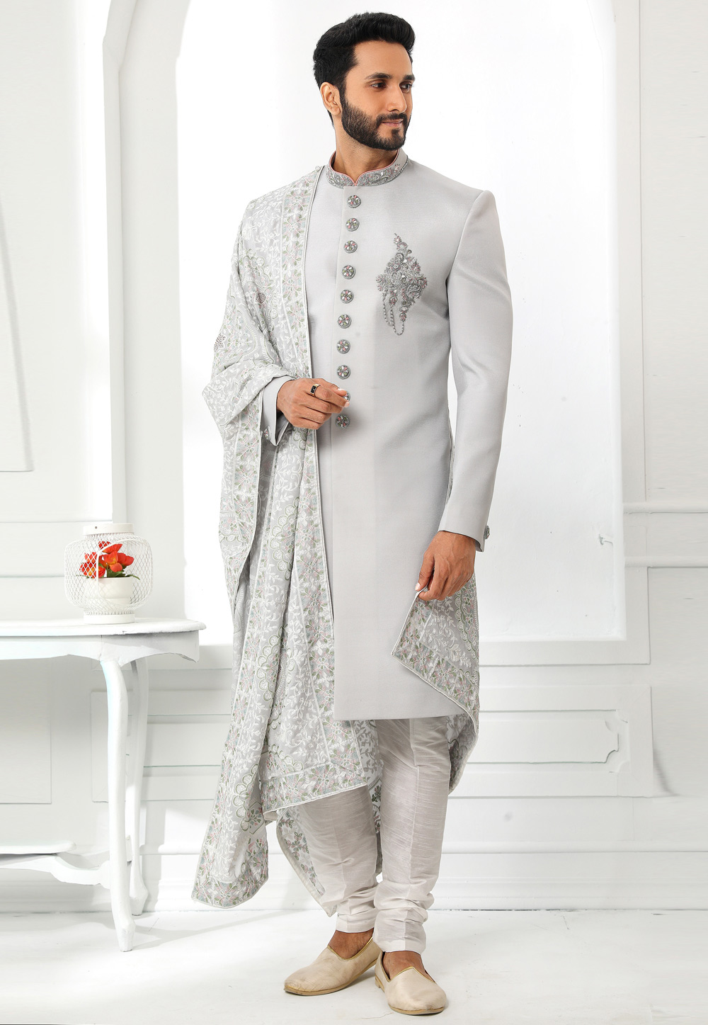 Grey Art Silk Indo Western Sherwani 250600