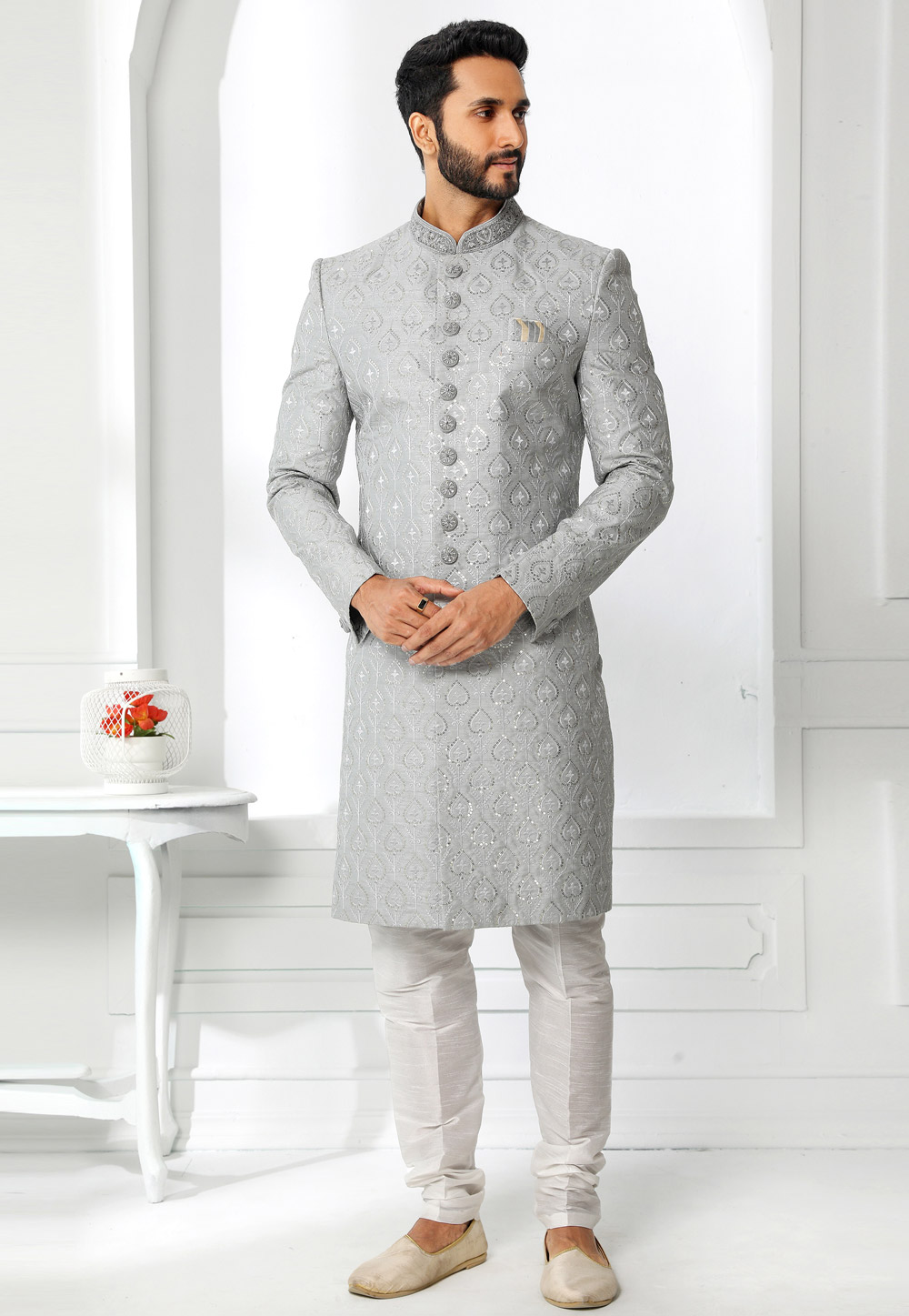 Grey Art Silk Indo Western Sherwani 250608