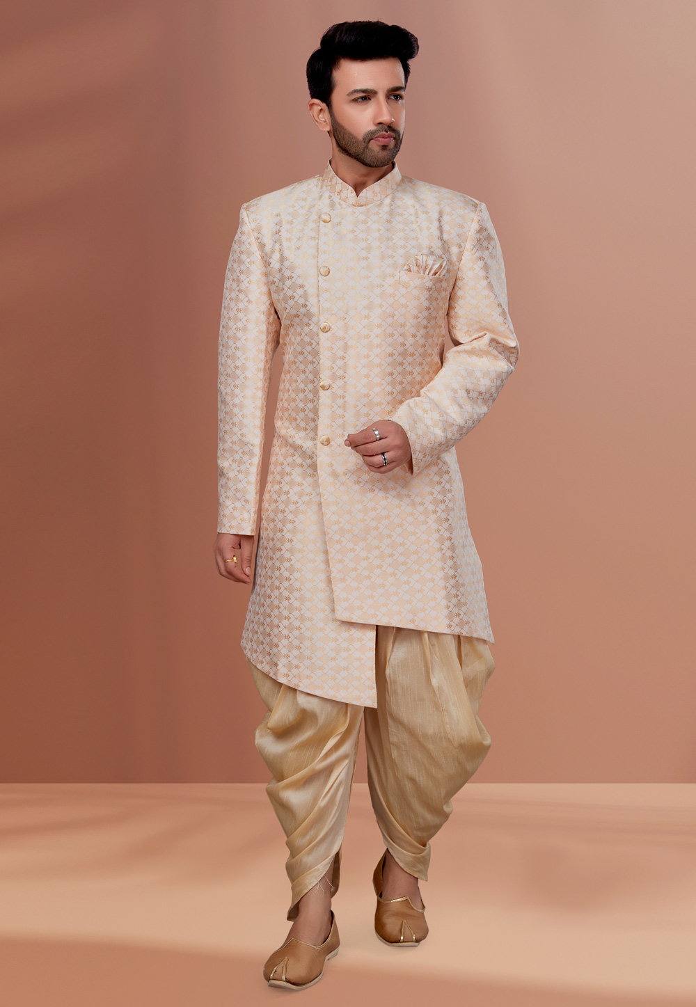 Cream Jacquard Indo Western Suit 257831