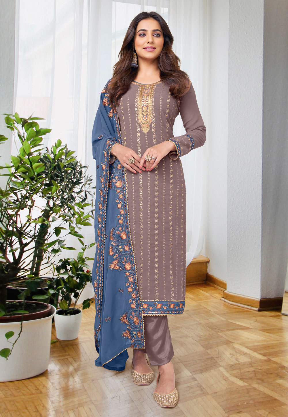 Brown Georgette Readymade Pant Style Suit 261914