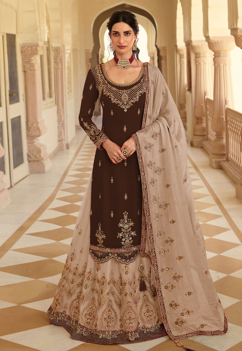 Brown Net Indo Western Lehenga Choli 255826