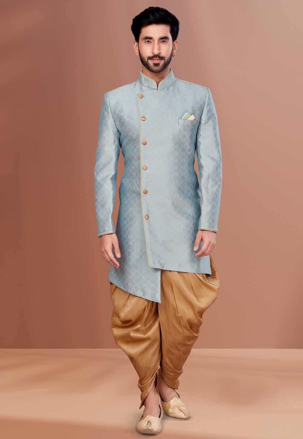 Sky Blue Jacquard Indo Western Suit 257832