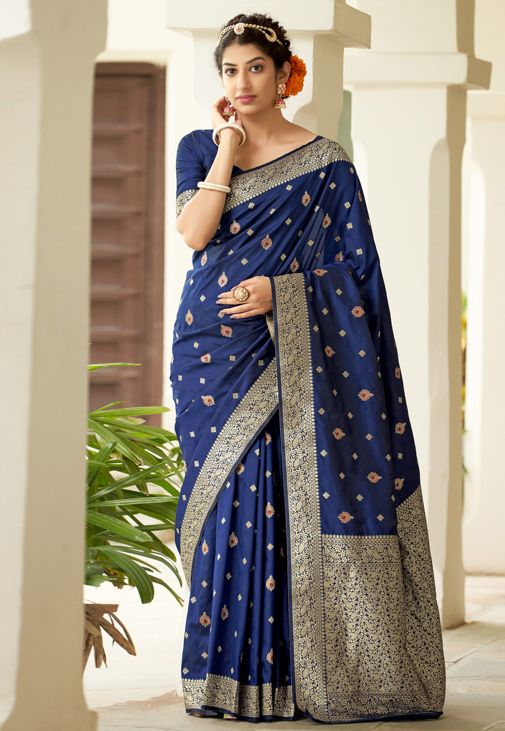 Navy Blue Banarasi Silk Saree With Blouse 238932