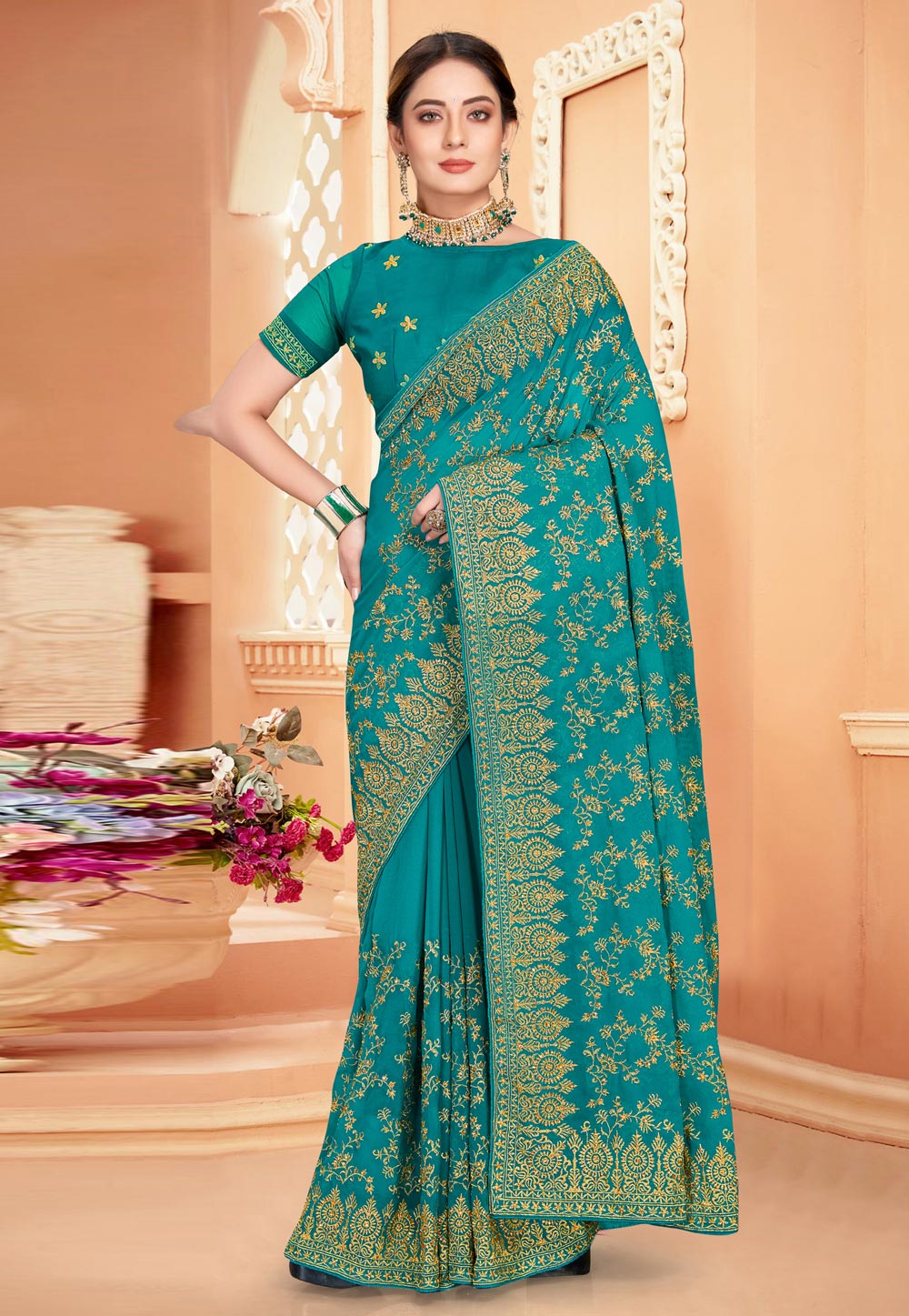 Teal Georgette Saree With Blouse 252077