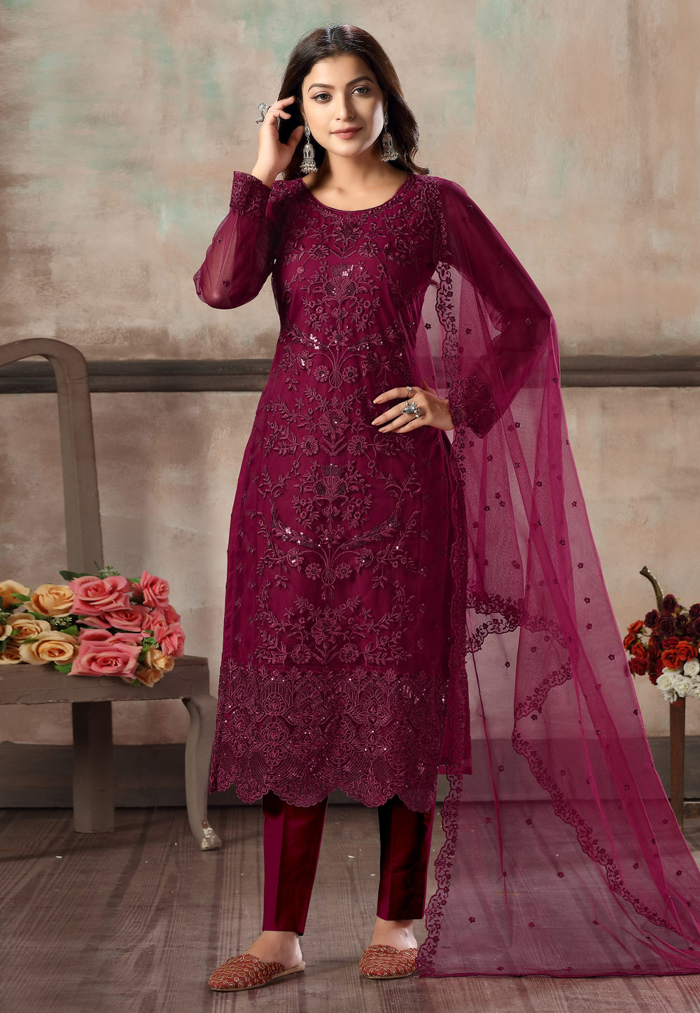 Magenta Net Embroidered Pant Style Suit 216564