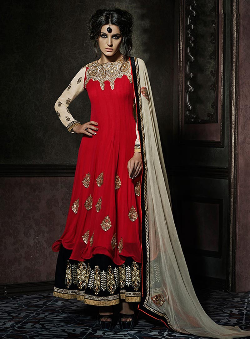 Red Net Sharara Style Suit 57595