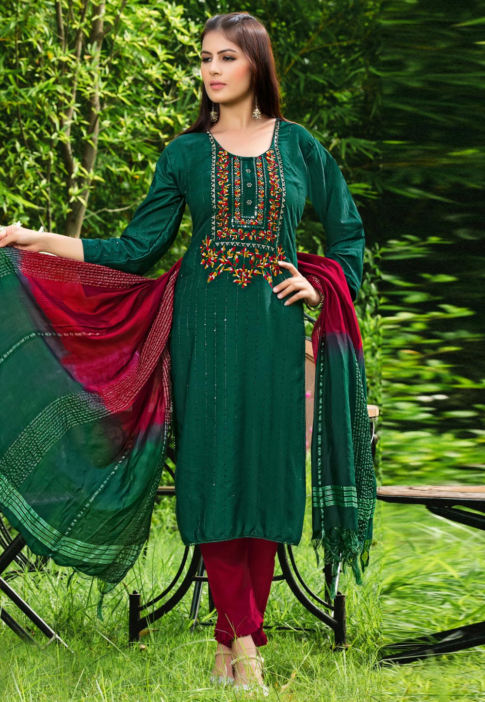 Green Rayon Readymade Pant Style Suit 248247