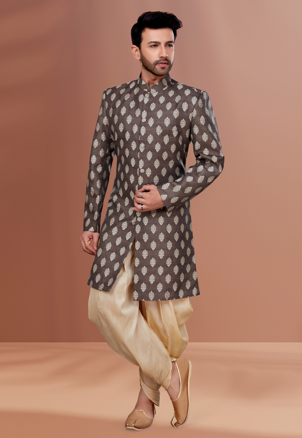Brown Jacquard Indo Western Suit 257835