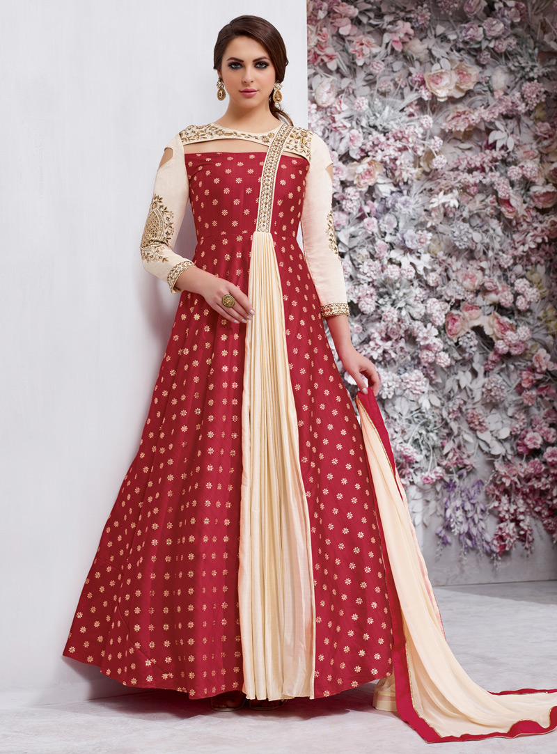 Red Taffeta Silk Readymade Ankle Length Anarkali Suit 131115