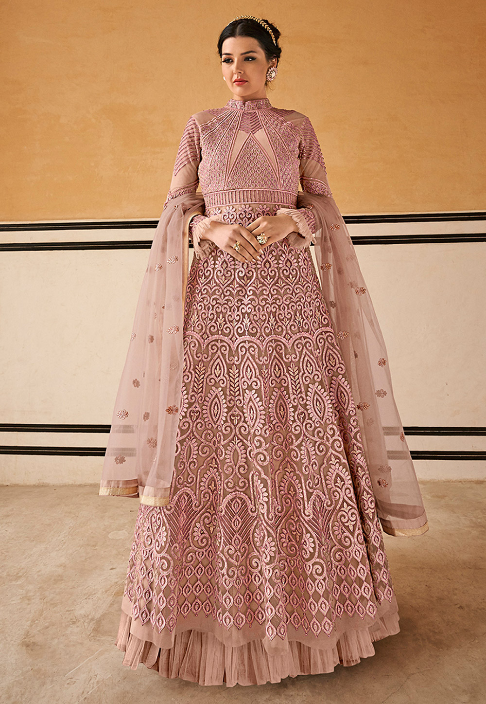 Pink Net Embroidered Floor Length Anarkali Suit 177348