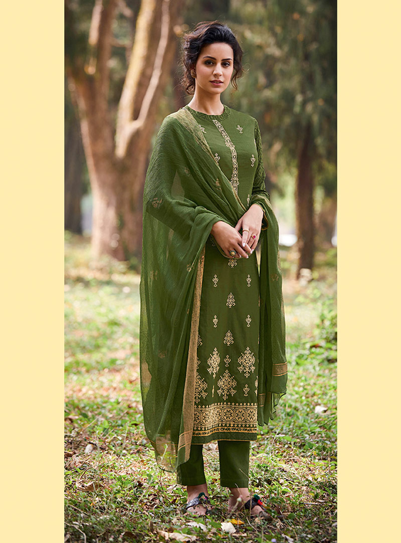Green Cotton Straight Cut Pant Style Suit 90994