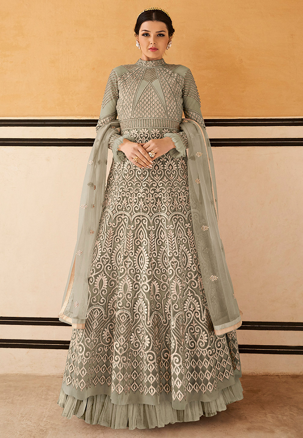 Grey Net Embroidered Floor Length Anarkali Suit 177349