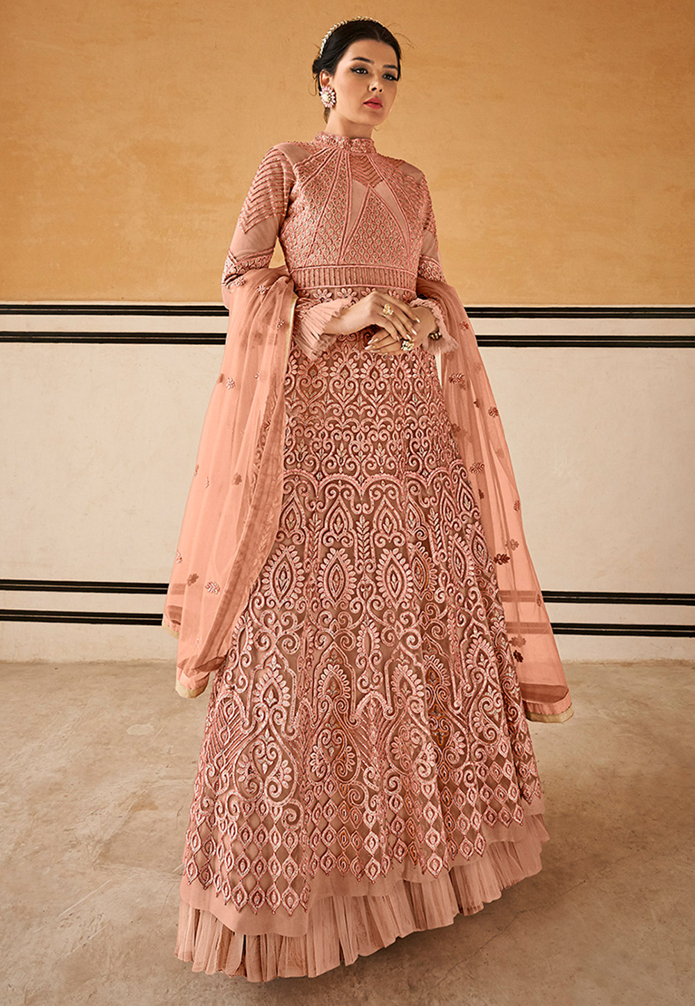 Peach Net Embroidered Abaya Style Anarkali Suit 177350