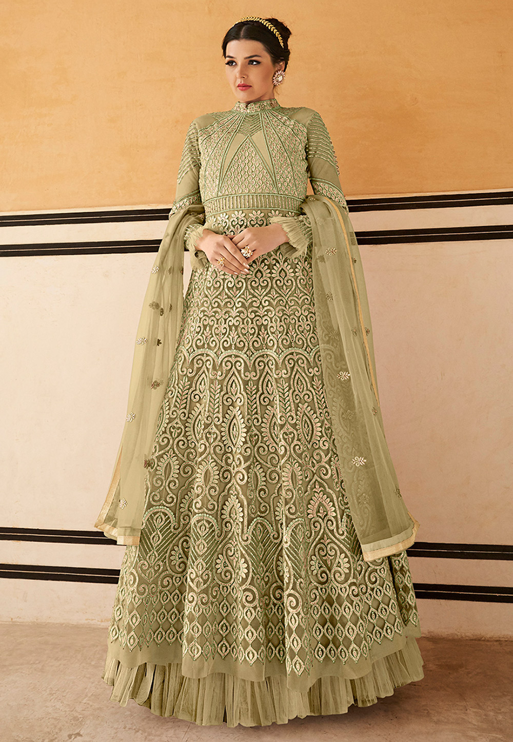 Light Green Net Embroidered Floor Length Anarkali Suit 177351
