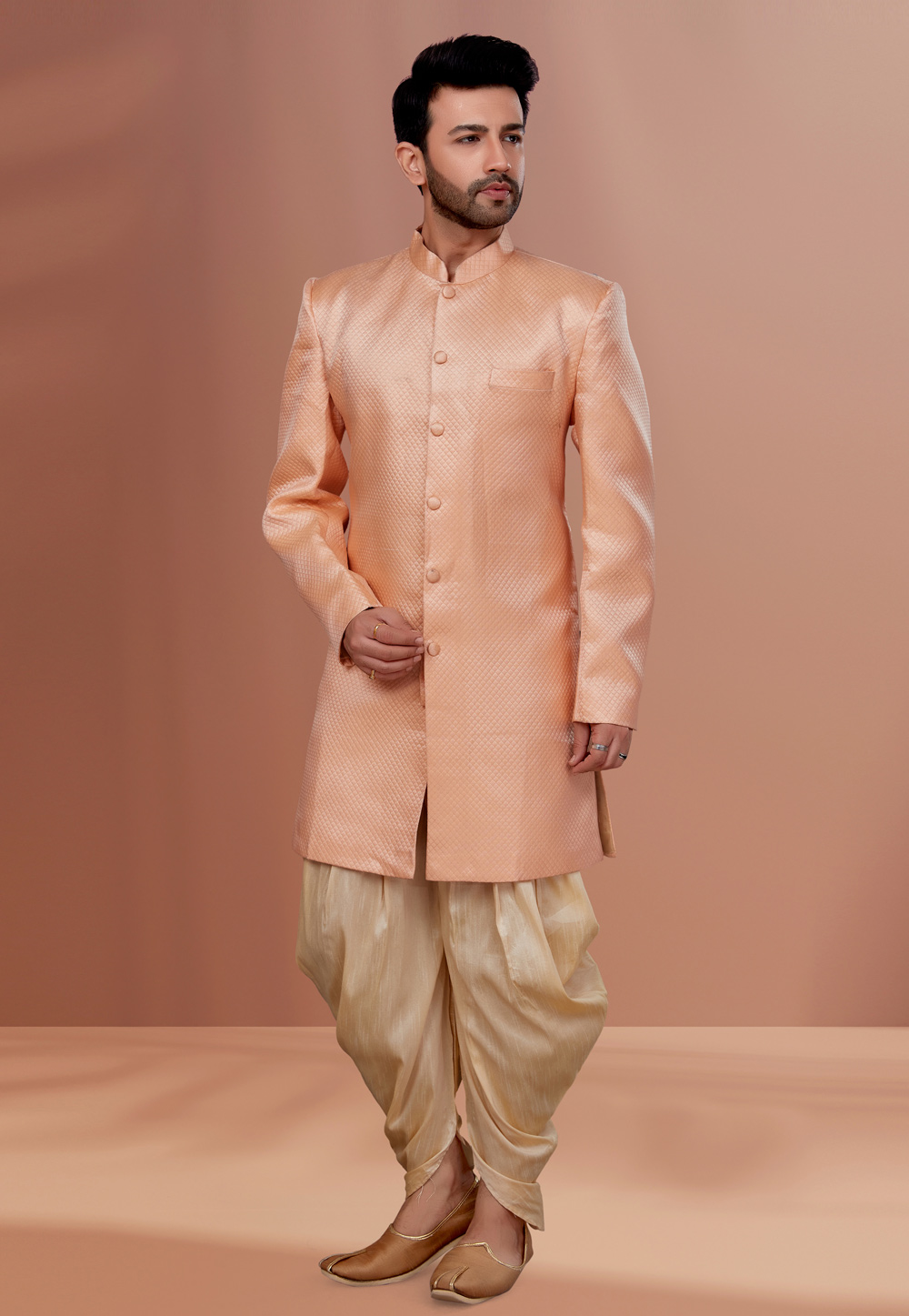 Peach Polyester Indo Western Suit 257839