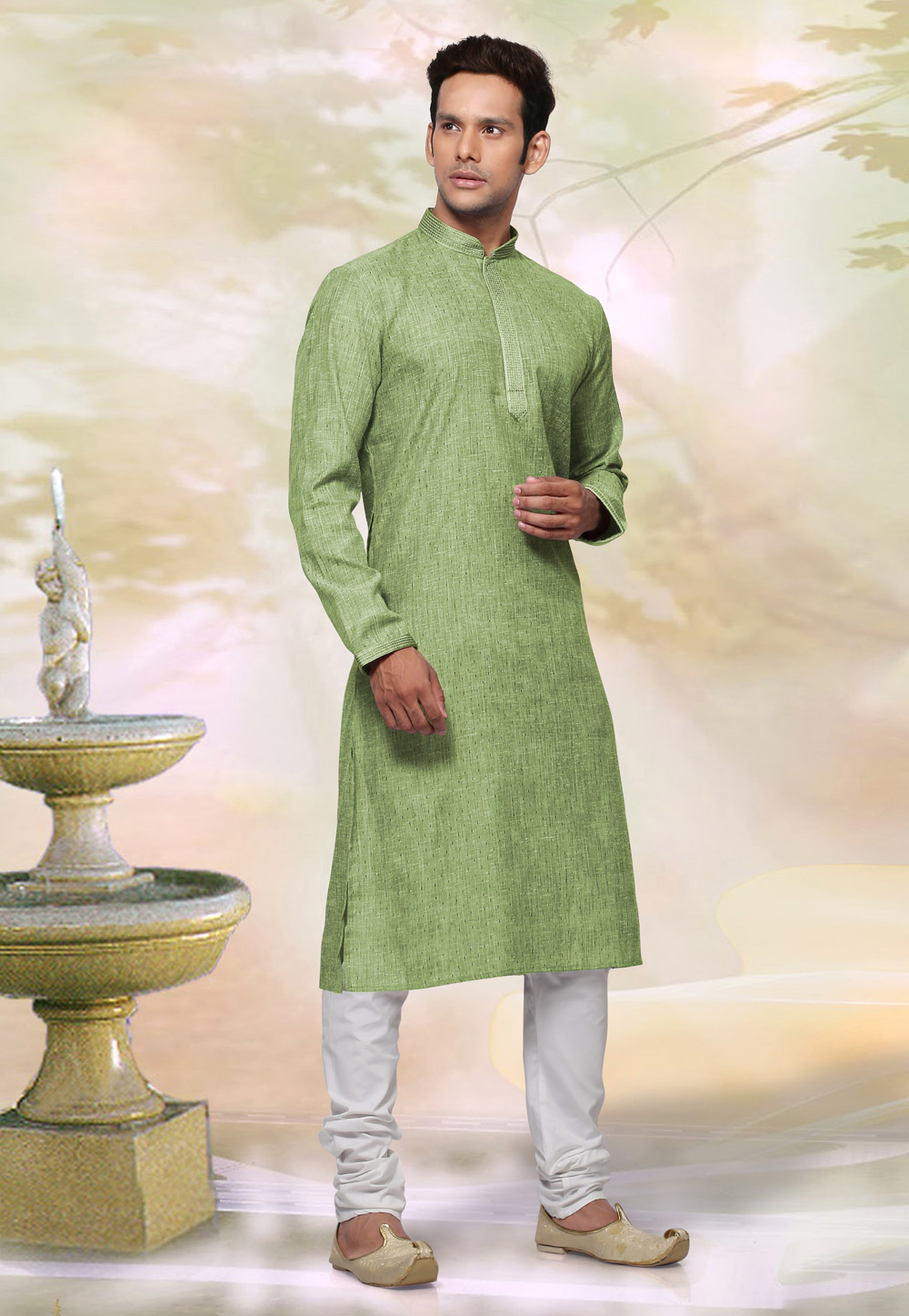 Light Green Cotton Readymade Kurta Pajama 211269