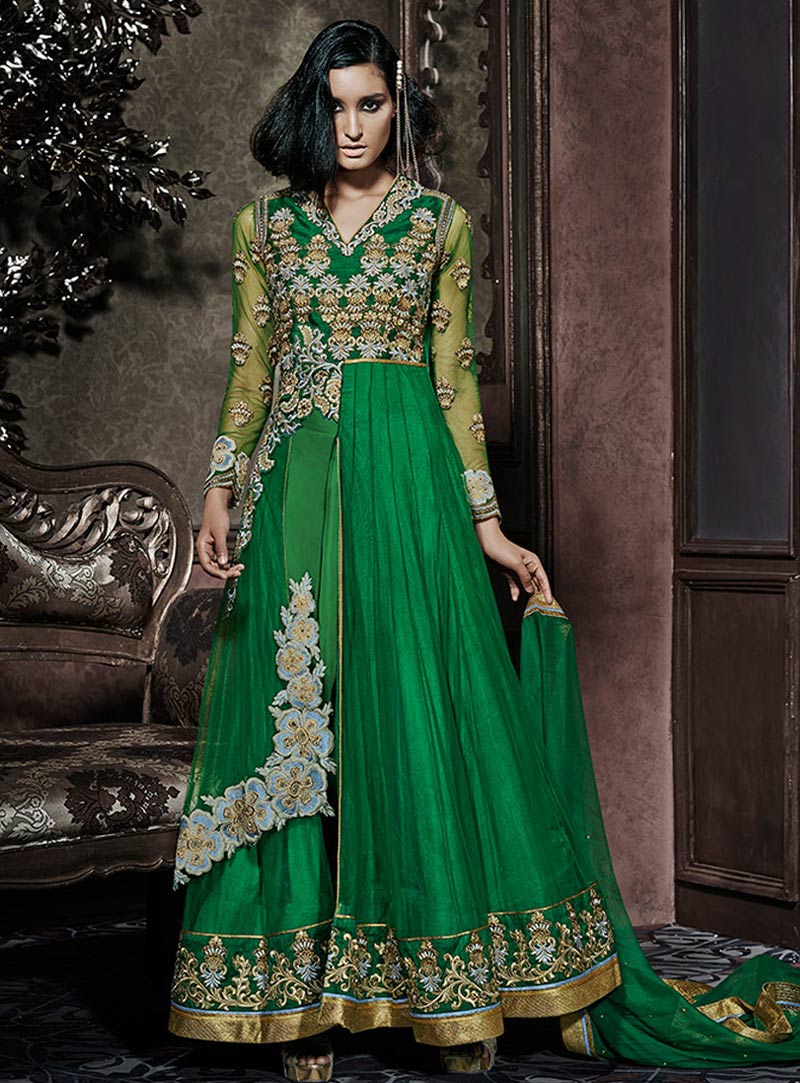 Green Net Ankle Length Anarkali Suit 57598