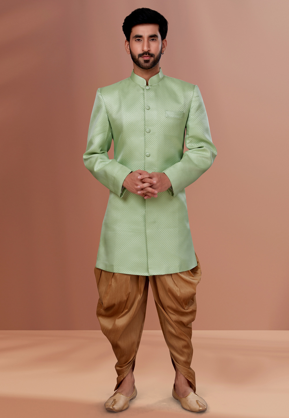 Pista Green Polyester Indo Western Suit 257842