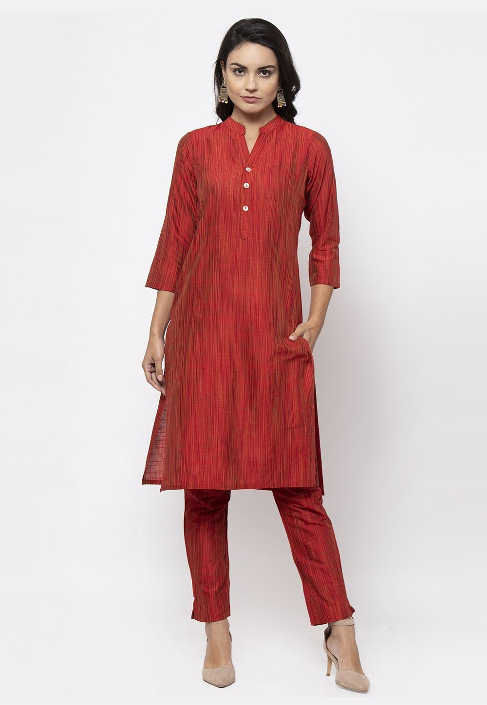 Red Cotton Silk Kurta Set With Pant 216583
