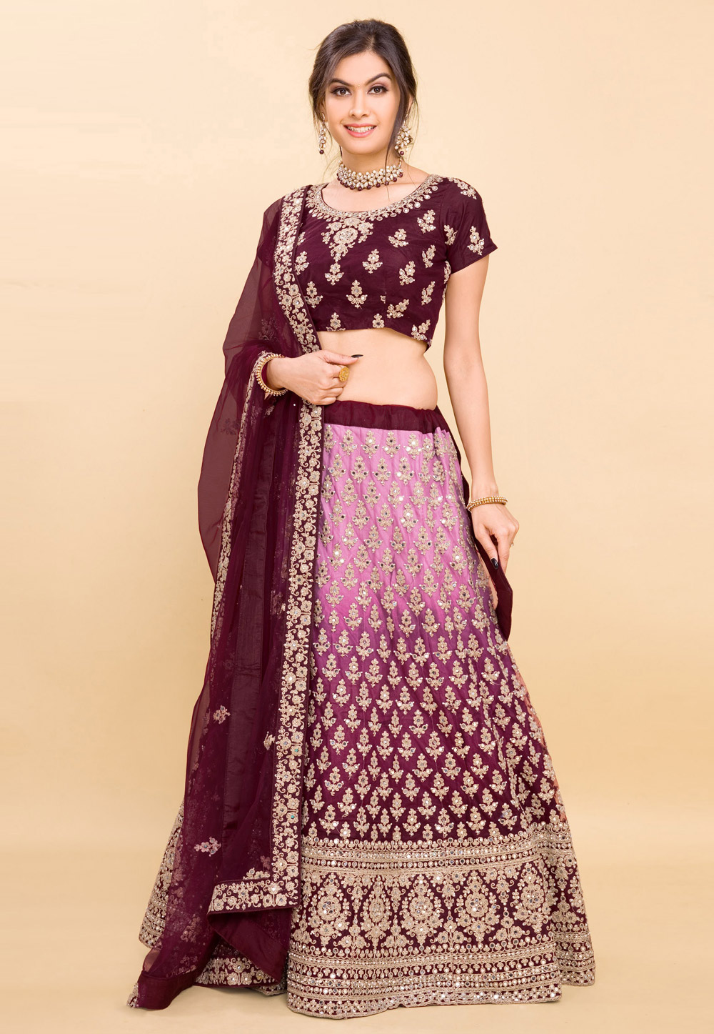 Wine Satin A Line Lehenga Choli 255216