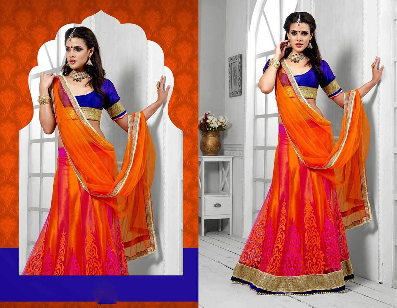 blue lehenga with orange dupatta - ShaadiWish