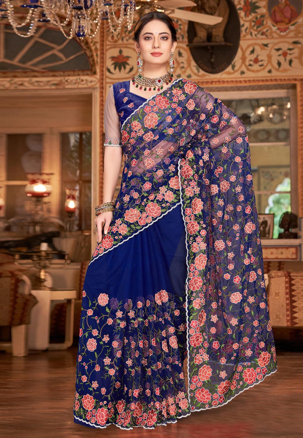 Navy Blue Net Saree With Blouse 252345