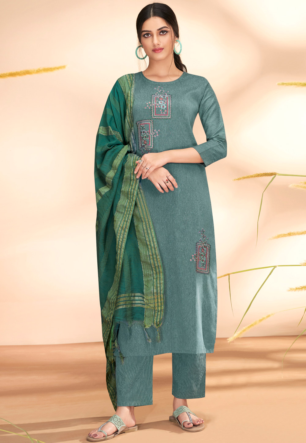 Teal Cotton Readymade Pant Style Suit 239858