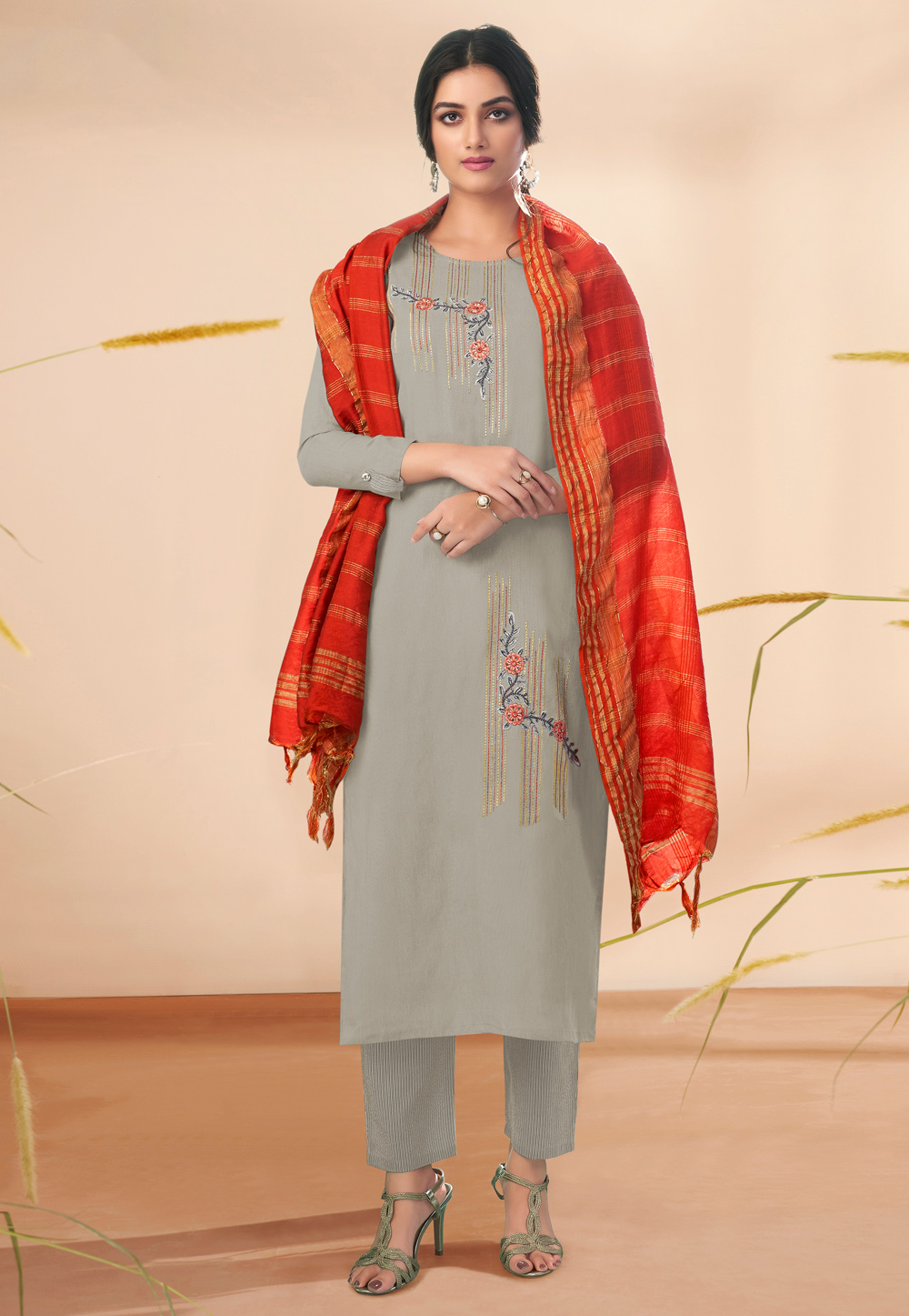 Grey Cotton Readymade Pant Style Suit 239859