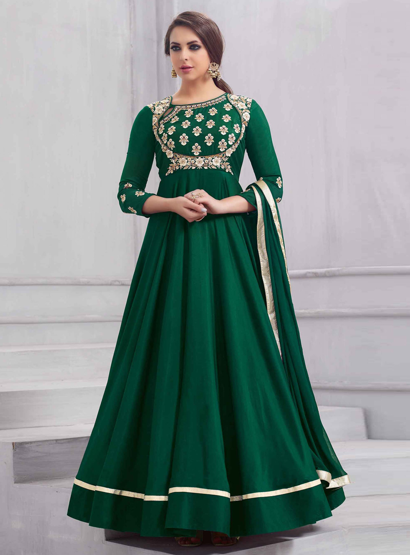 Green Taffeta Silk Readymade Anarkali Suit 136796