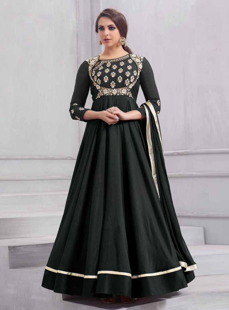 Black Taffeta Silk Readymade Long Anarkali Suit 136797