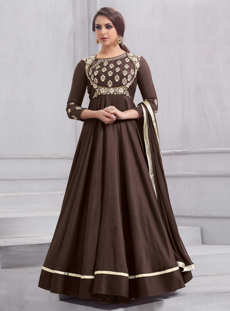 Brown Taffeta Silk Readymade Anarkali Suit 136798