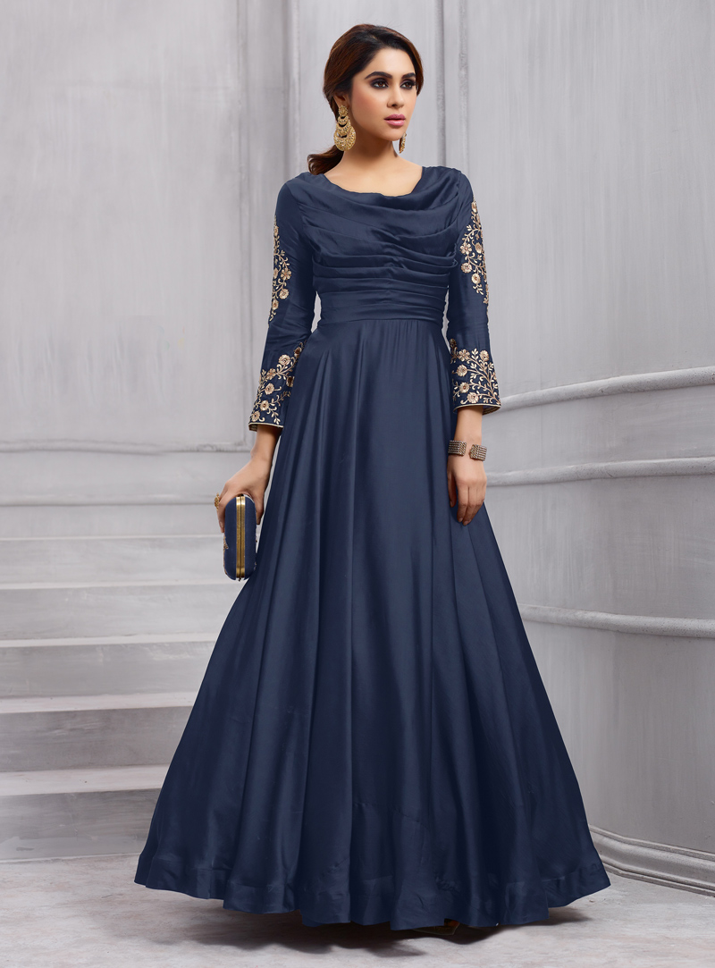 Navy Blue Taffeta Silk Readymade Floor Length Anarkali Suit 131000