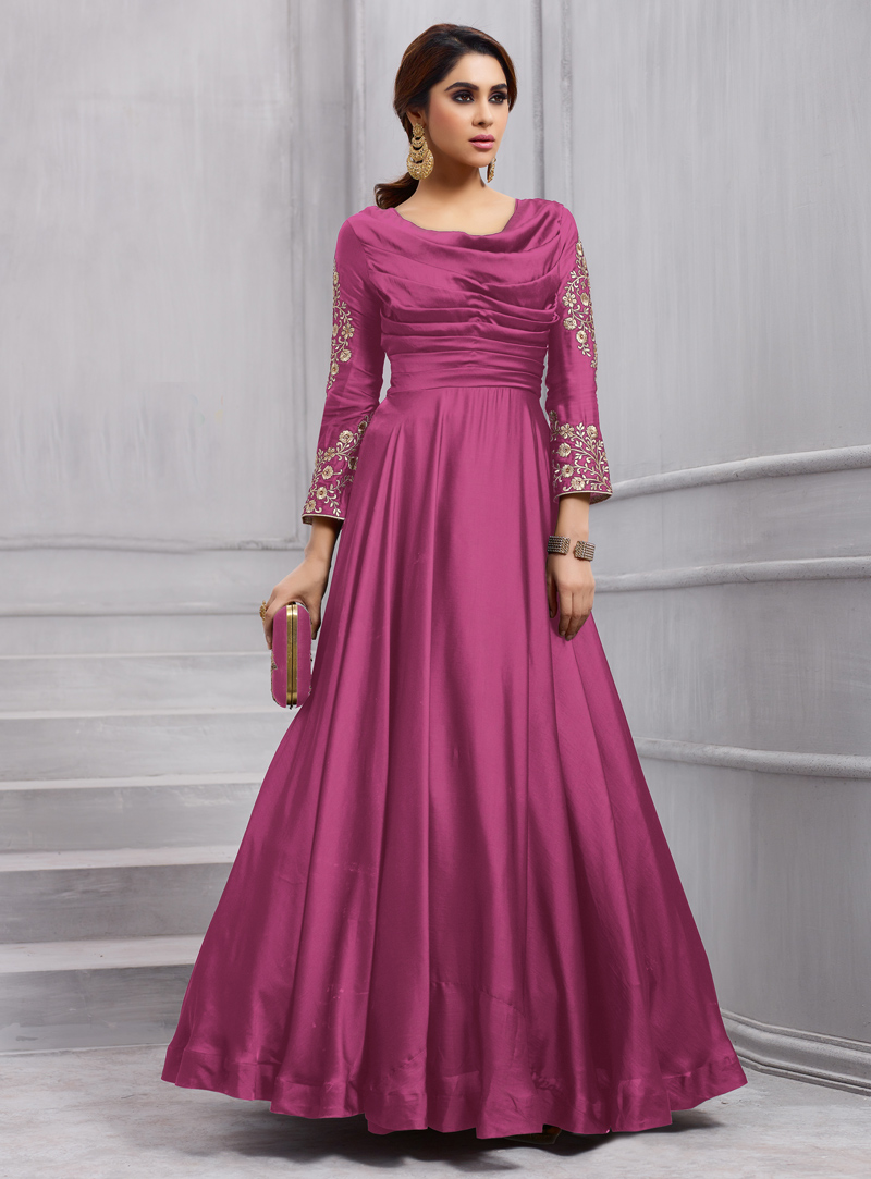 Pink Taffeta Silk Readymade Floor Length Anarkali Suit 131001