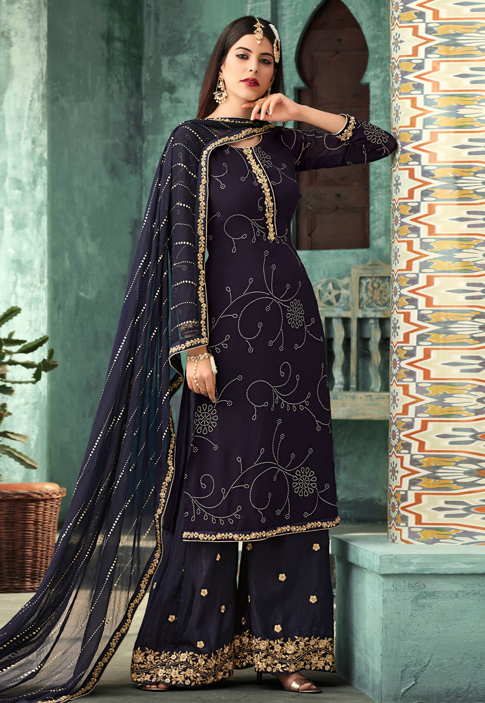 Navy Blue Georgette Embroidered Kameez With Palazzo 167622