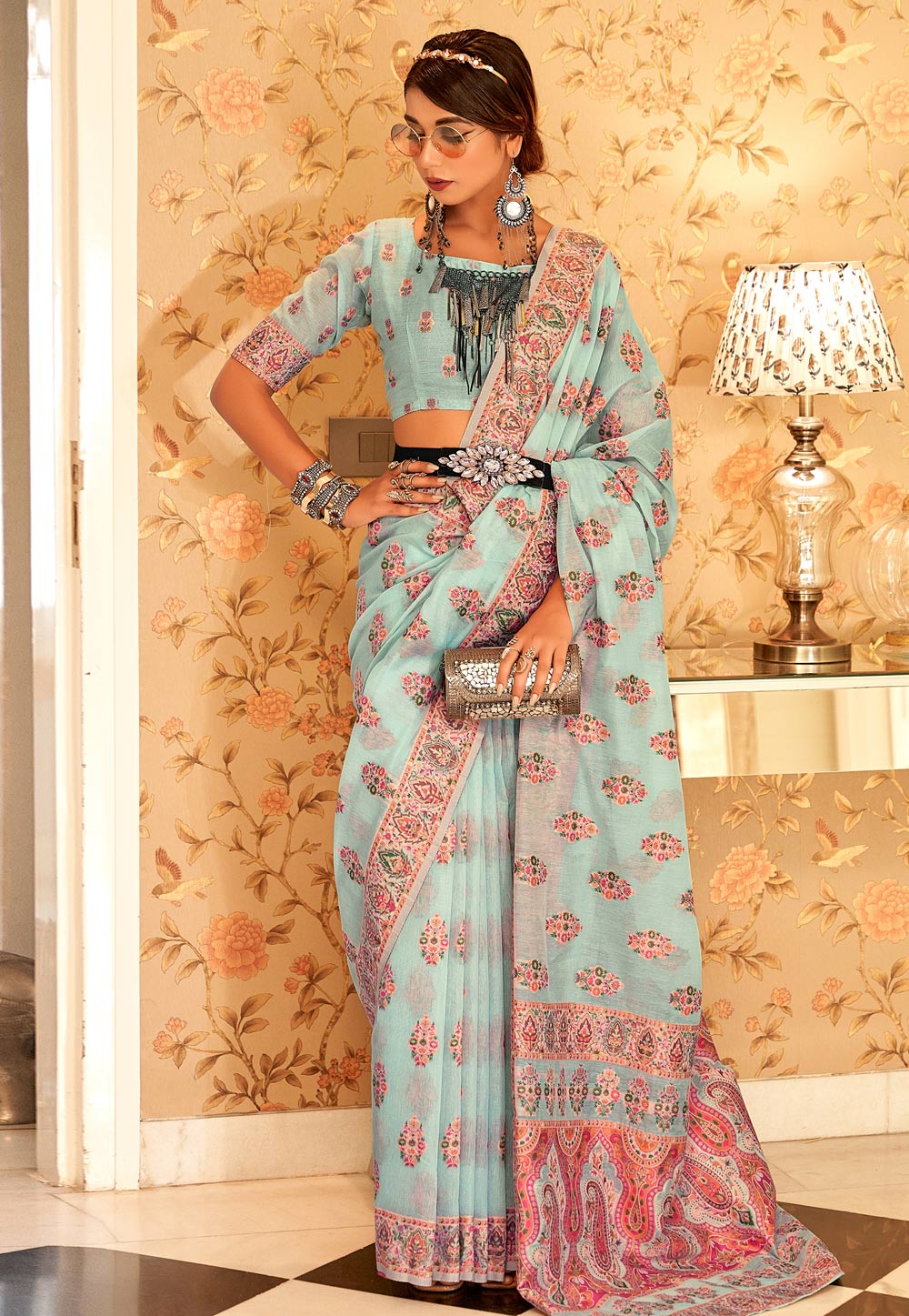 Sky Blue Pashmina Saree With Blouse 273656