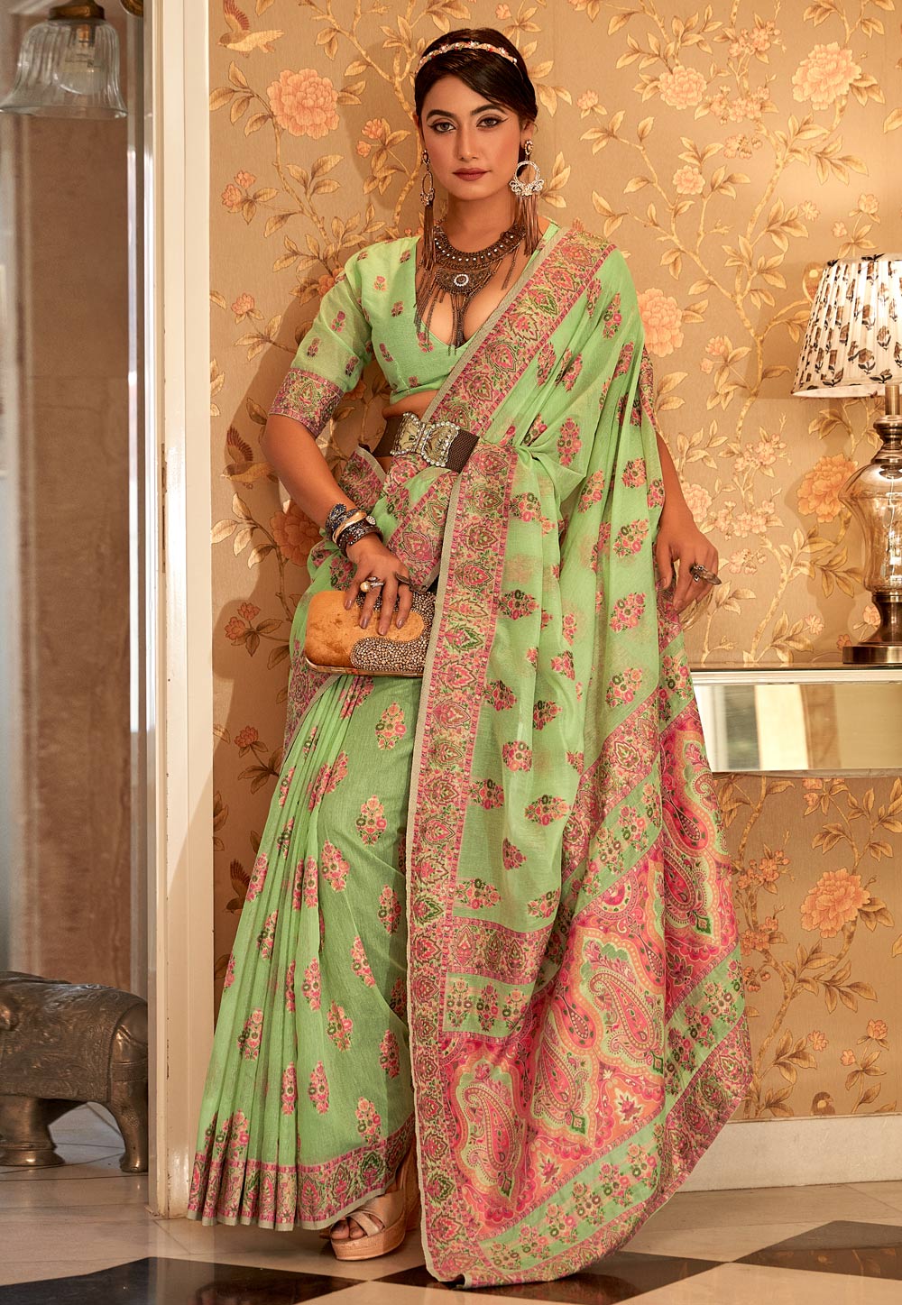 Light Green Pashmina Saree With Blouse 273658