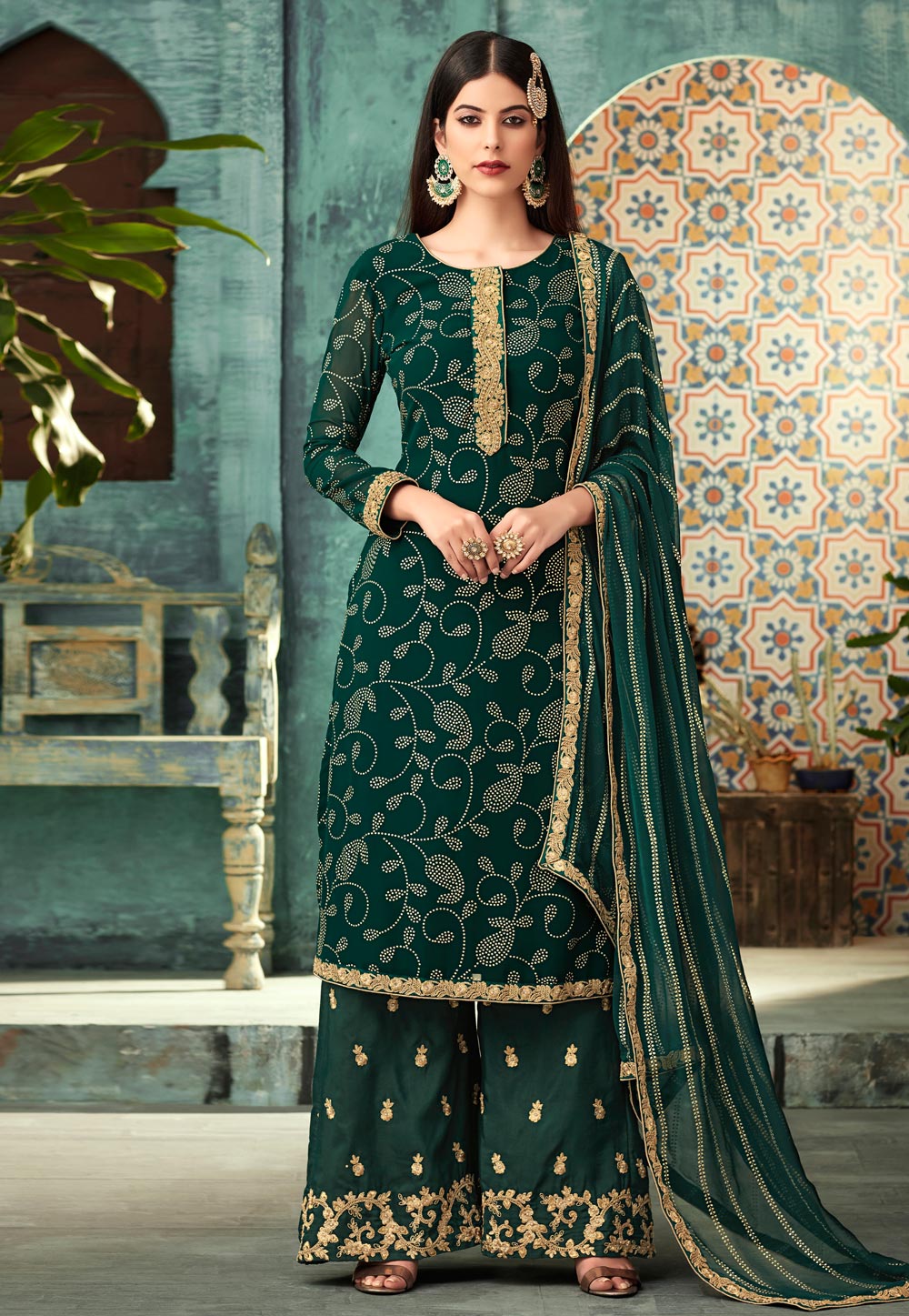 Green Georgette Embroidered Palazzo Suit 167623