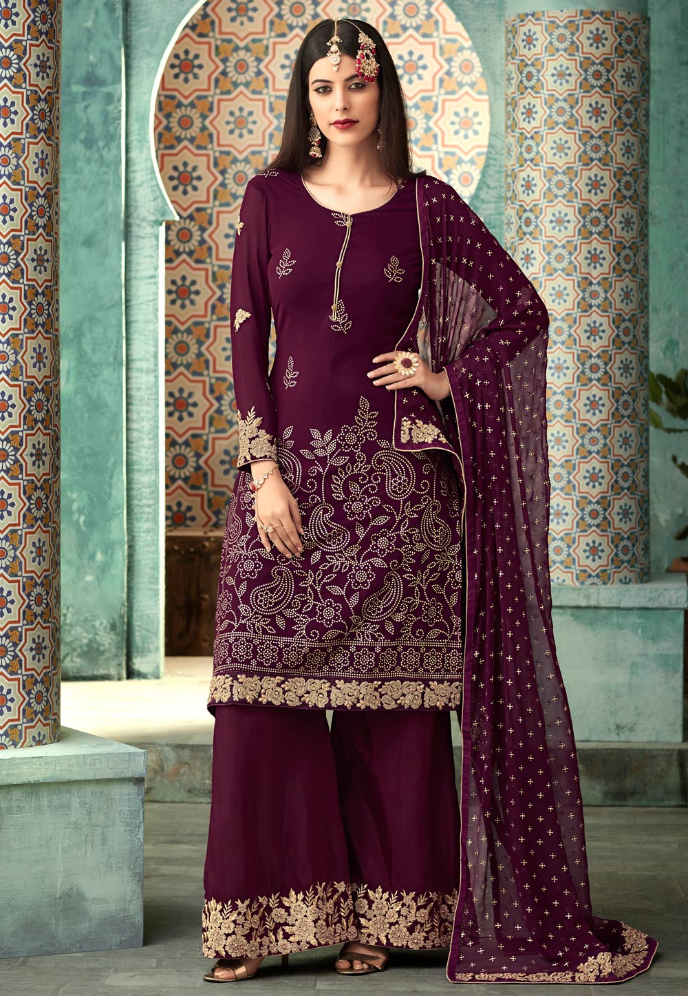 Purple Georgette Embroidered Kameez With Palazzo 167624