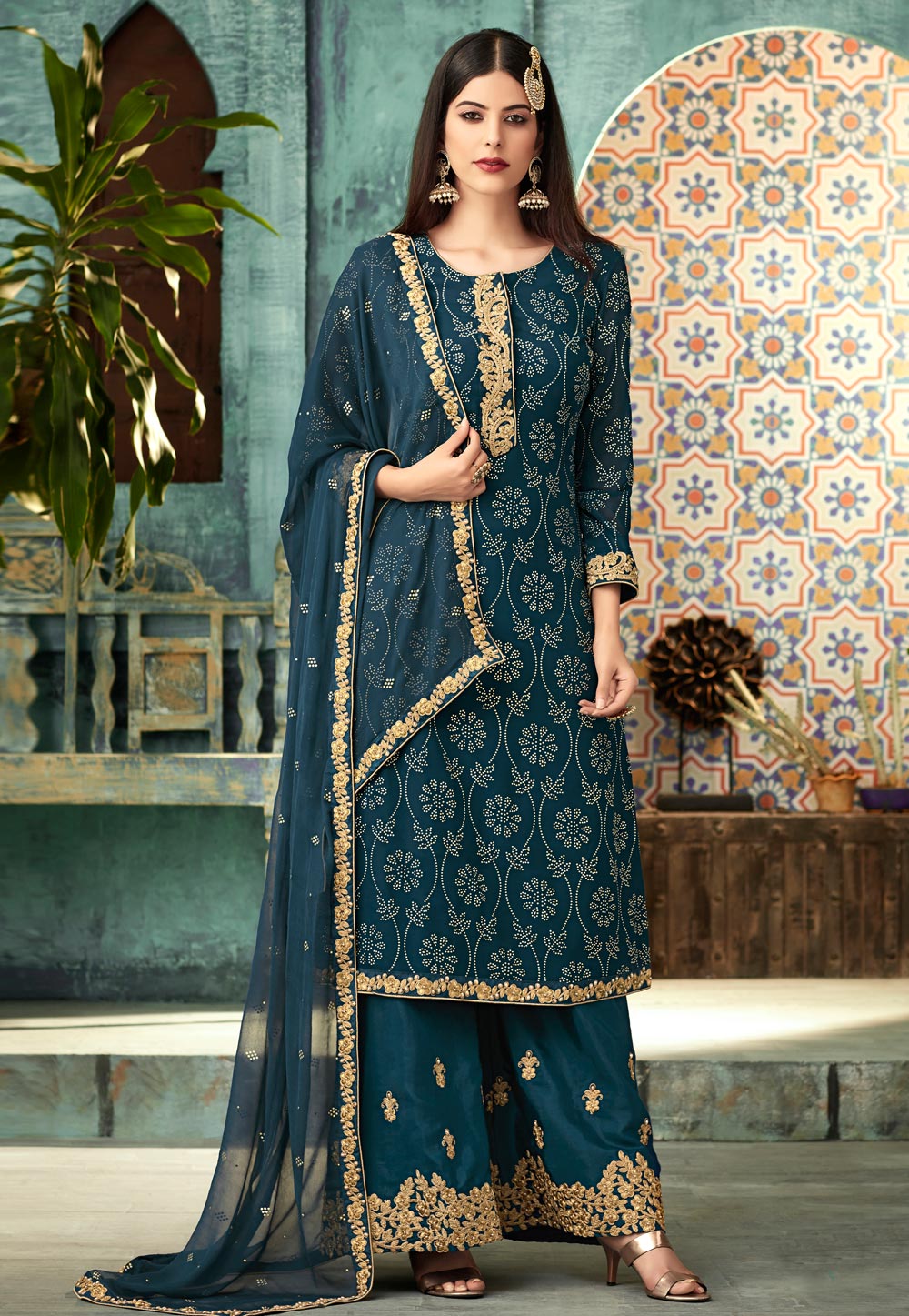 Blue Georgette Embroidered Palazzo Suit 167625
