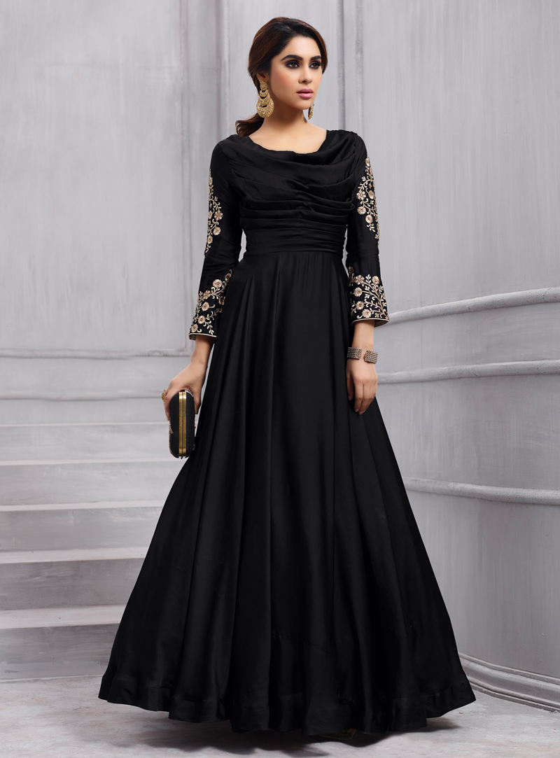 Black Taffeta Silk Readymade Floor Length Anarkali Suit 126891