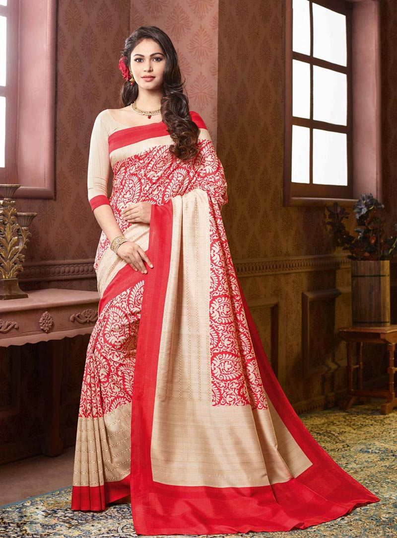 Red Art Silk Printed Saree With Blouse 73877