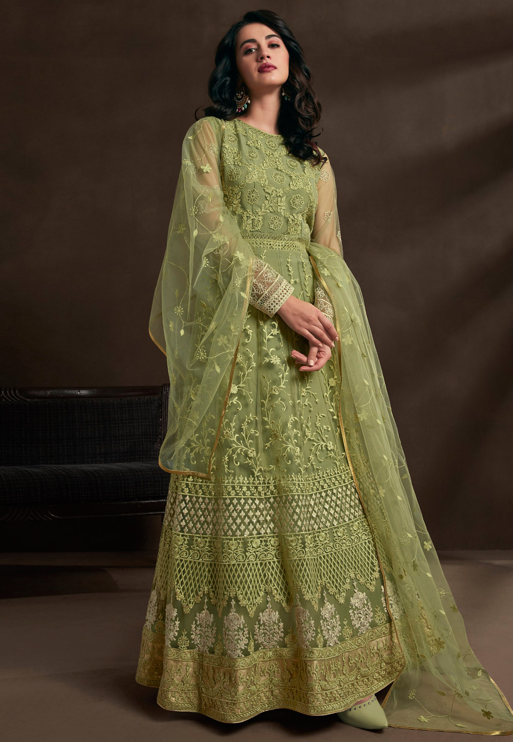 Light Green Net Embroidered Abaya Style Anarkali Suit 201585