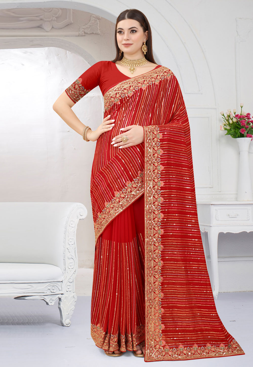 Red Georgette Saree With Blouse 252759