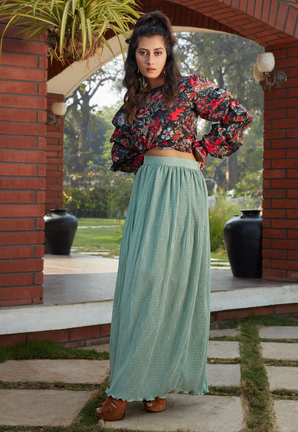Buy Brown Sleeveless Crop Top & Lehenga Set with fringed cape and Embroidery