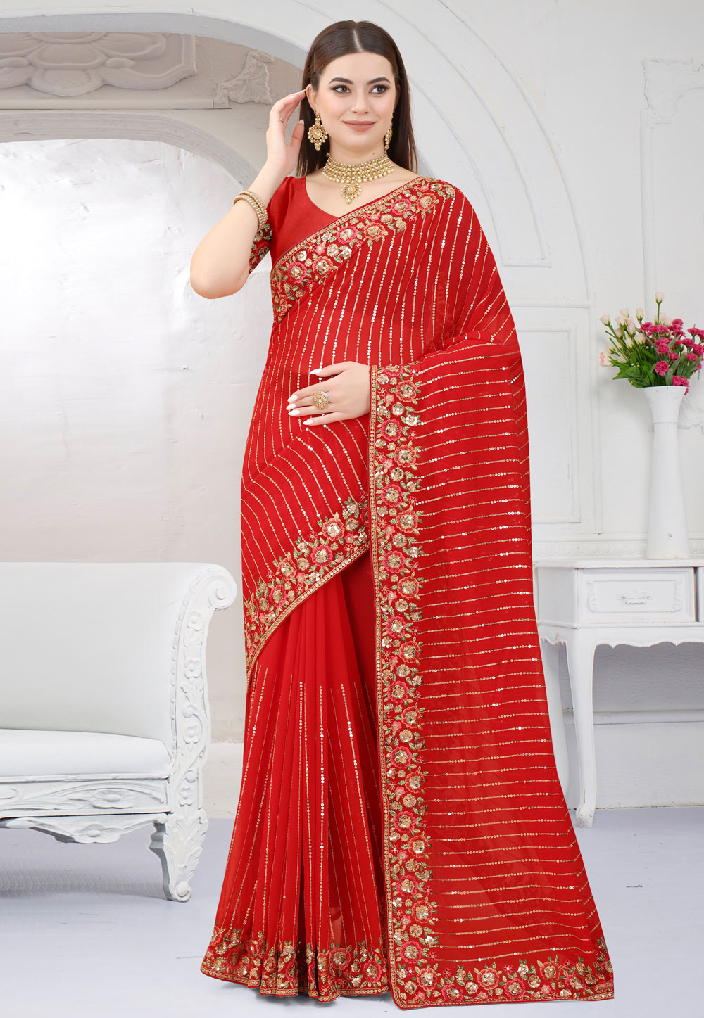 Red Georgette Saree With Blouse 252760