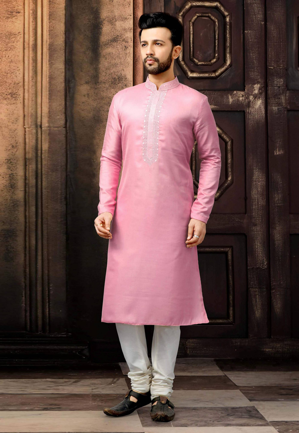 Light Pink Silk Readymade Kurta Pajama 211475