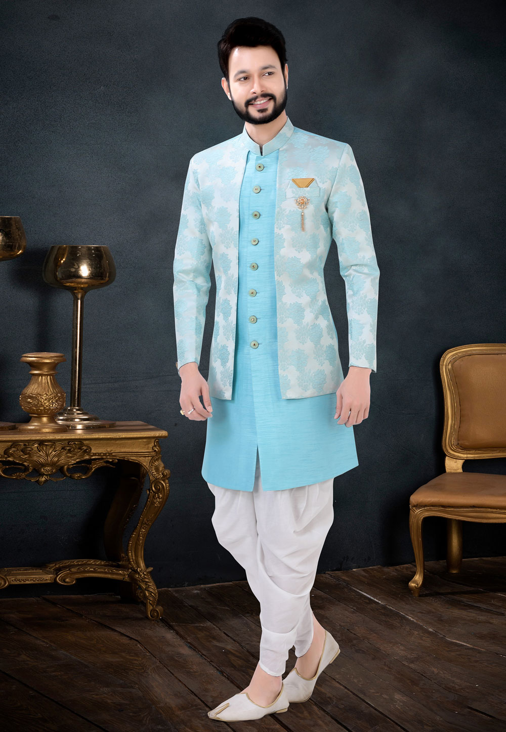 Online Fashion Boutiques Trouser Suit in Baby Blue Embroidered Fabric  LSTV120617