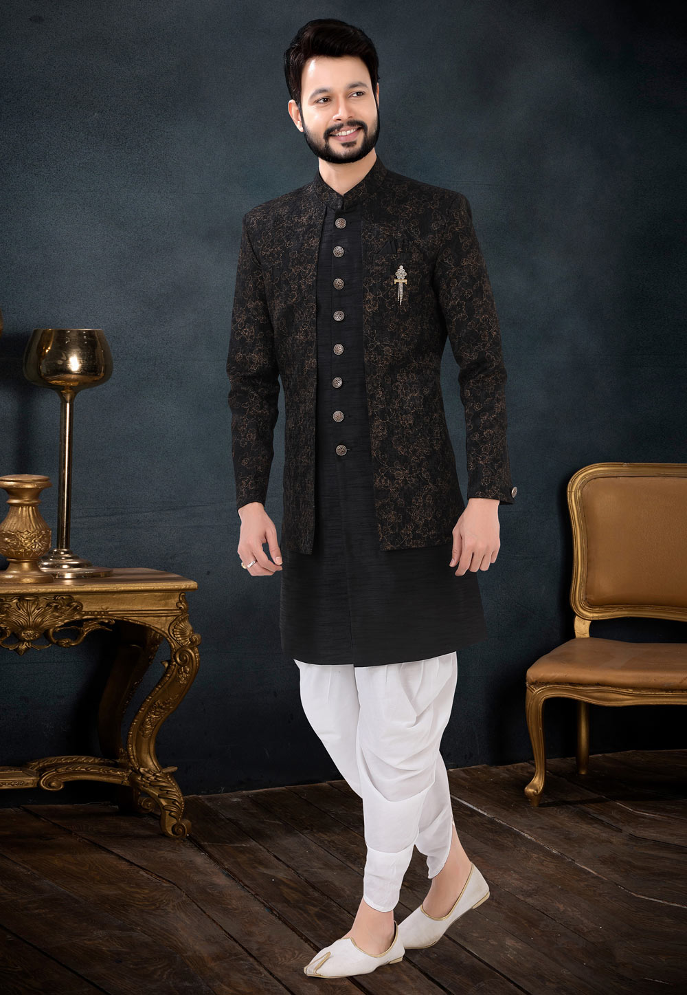 Black Silk Indo Western Suit 256226
